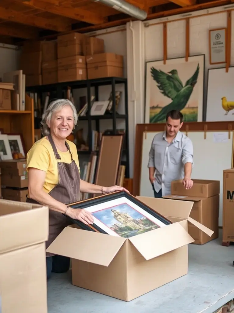 A local artist packing their artwork in a MicroWare facility, with a friendly MicroWare employee assisting them, emphasizing the personalized service.