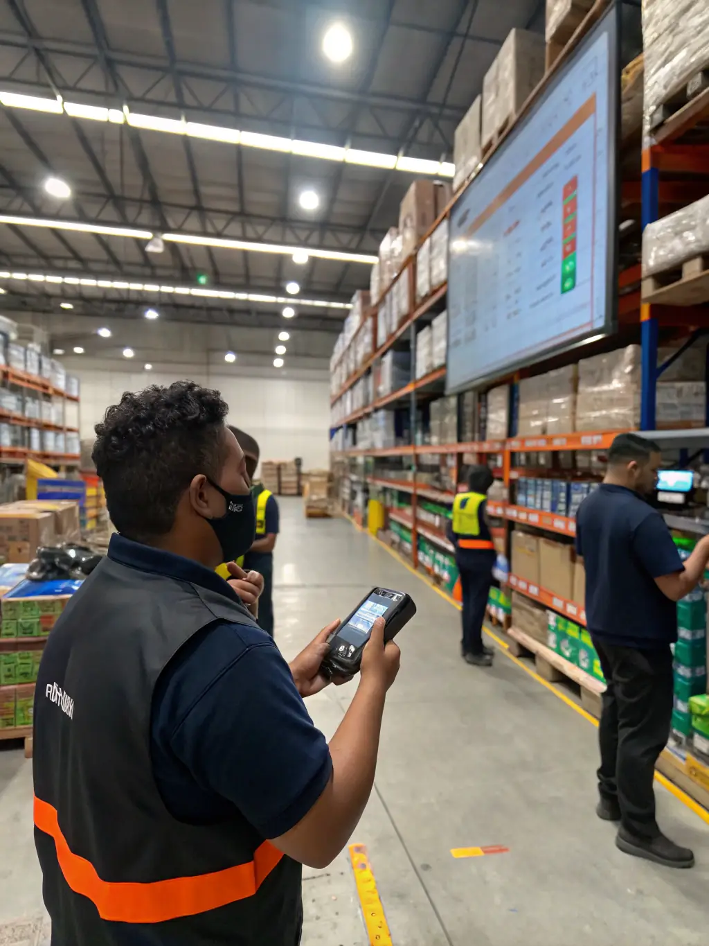 A worker using a handheld scanner to track inventory within a microfulfillment center, with shelves stocked with various products ready for shipment.