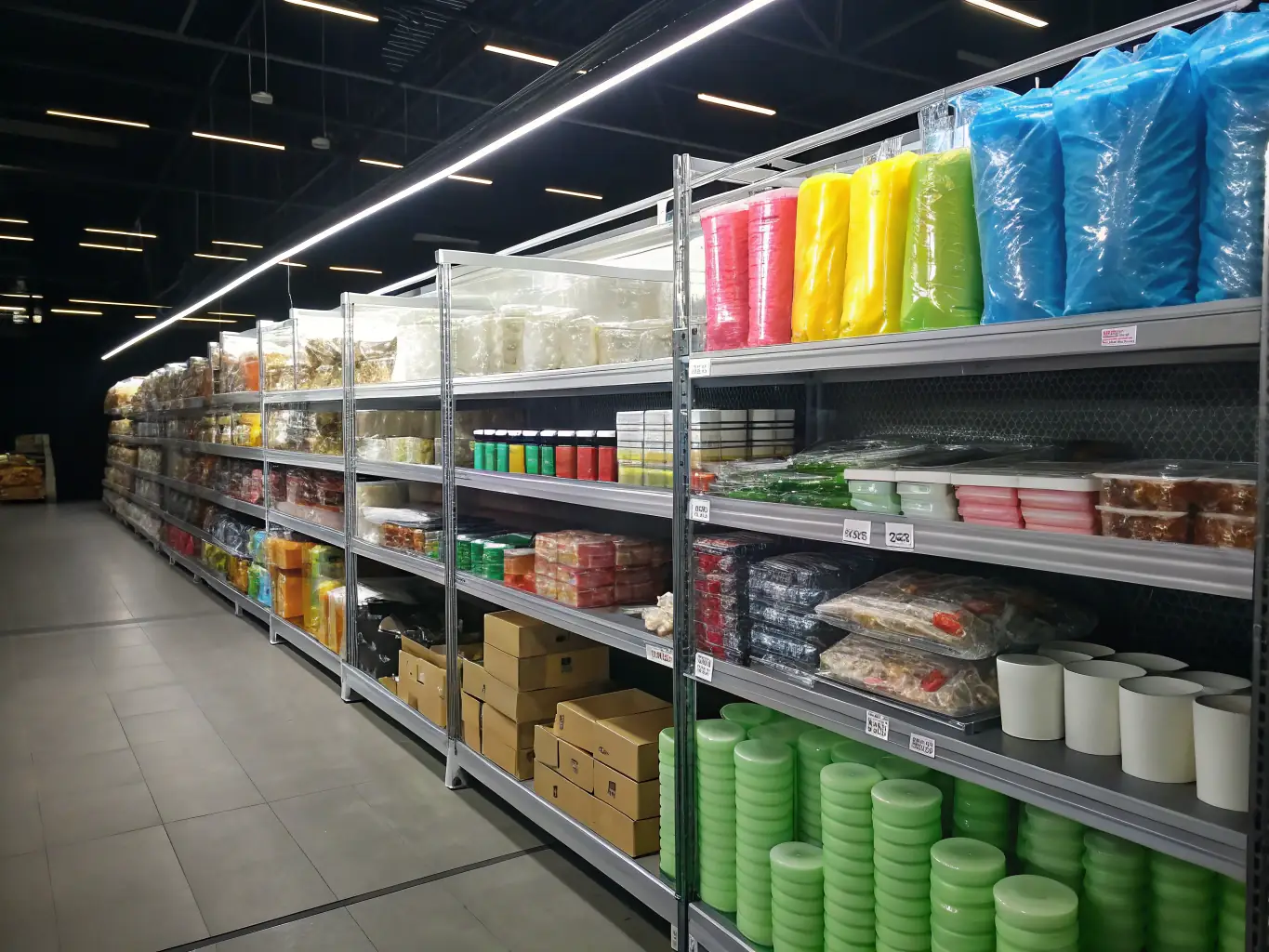 A brightly lit, organized microwarehouse interior with shelves neatly stocked with various art supplies and small business products, showcasing efficient space utilization and inventory management.